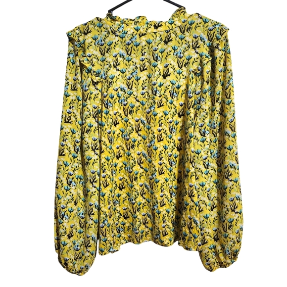 LOFT yellow floral button down long sleeve top ruffles cottagecore womens XL - Picture 2 of 6